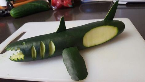 Shark. Carved out of a cucumber.My 1st try! Ancient Art, Sharks, Cucumber Carving, Shark Carving, Salad Bar, Dish Recipes, Main Dish Recipes, Beginners Guide, Main Dish