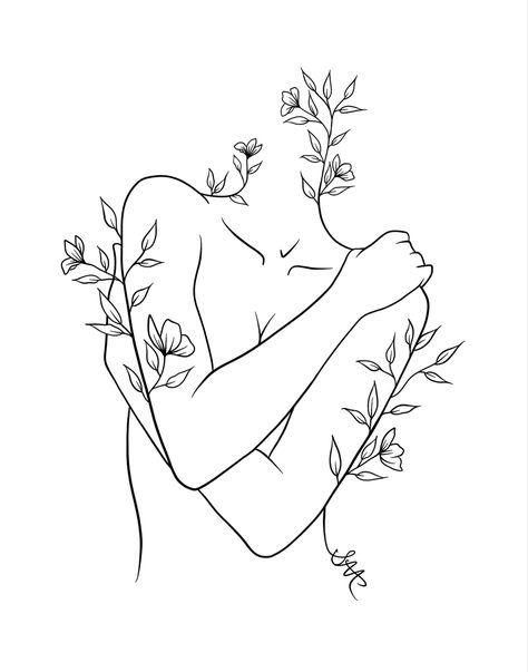 Sapphic Line Art, Line Art Emotions, Woman Flower Illustration, Tattoo Ideas Anatomy, Tattoos About Growth And Strength, Aesthetic Woman Illustration, Self Healing Tattoo, Whimsical Tattoo, Gaia Goddess