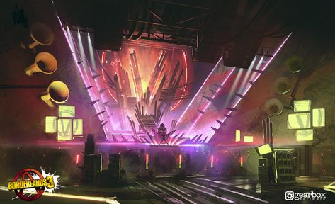 Concert Concept Art, Stage Concept Art, Borderlands 3 Art, Post Cyberpunk, Stage Concept, Interior Concept Art, Concert Ideas, Spaceship Interior, Key Art