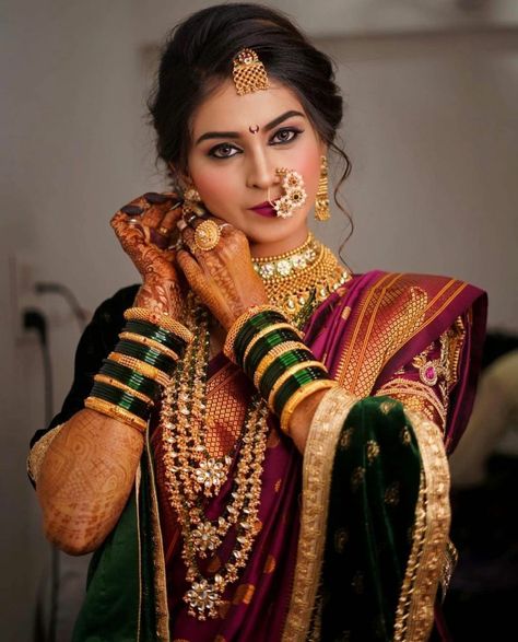 Mythology Fashion, Nath Bridal, Wedding Matching Outfits, Indian Bride Poses, Marathi Bride, Marathi Wedding, Indian Bride Makeup, Marriage Ideas, Indian Wedding Poses