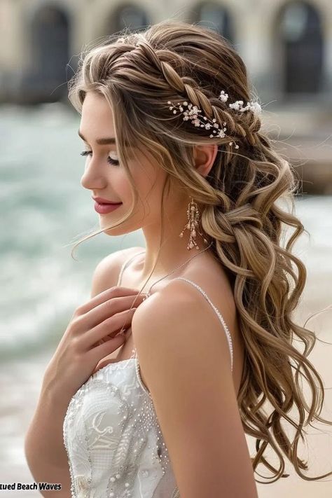 Beach Wedding Bride Makeup, Beach Wave Hair Wedding, Beach Wave Wedding Hairstyles, Textured Beach Waves, Bride Hairdo, Bridal Pic, Beach Bridal Hair, Wedding Bride Hair, Bride Hairstyles Updo