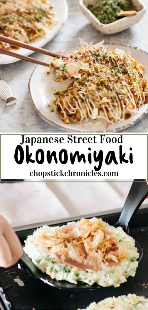 Okonomiyaki is a Japanese savoury pancake. It differs by region and this authentic and mouth-watering recipe is Osaka okonomiyaki which is an Osaka area speciality. This easy Okonomiyaki recipe can also make vegetarian or vegan Japanese pancakes. There is an easy Okonomiyaki sauce recipe is included in the post as well. #Okonomiyaki #Okonomiyakirecipe #OkonomiyakiSauce #OsakaOkonomiyaki #SavouryPancakes Pancake Recipe For One, Okonomiyaki Rezept, Savoury Pancake Recipe, Okonomiyaki Recipe, Okonomiyaki Sauce, Vegan Japanese, Recipe For One, Easy Japanese Recipes, Japanese Street Food