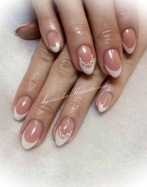 white lace french wedding nails Lace French Nails, Lace French Tip Nails, French Wedding Nails, Biab Nail, French Manicure Acrylic Nails, White Lace Nails, White French Nails, Bridal Nail, Bridal Nail Art