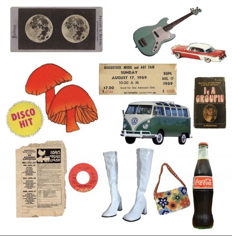 70s Elements, 50s Restaurant, 70s Moodboard, 70s Stickers, Woodstock Music, Collage Elements, Mood Board Template, 70s Aesthetic, Music Collage