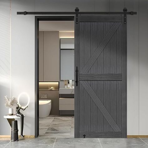 Amazon.com: S&Z TOPHAND® 36 in x 84 in MDF Deep Gray British Brace Knotty Barn Door with 6.6FT Sliding Door Hardware Kit/Double -Sided Door Handle/Sliding Door/Double Surfaces/Simple Assembly is Required : Tools & Home Improvement Barn Door For Bathroom, Black Barn Door, Door For Bathroom, Bathroom Barn Door, White Barn Door, Black Barn, Door Hardware Interior, Sliding Barn Doors, Sliding Door Hardware