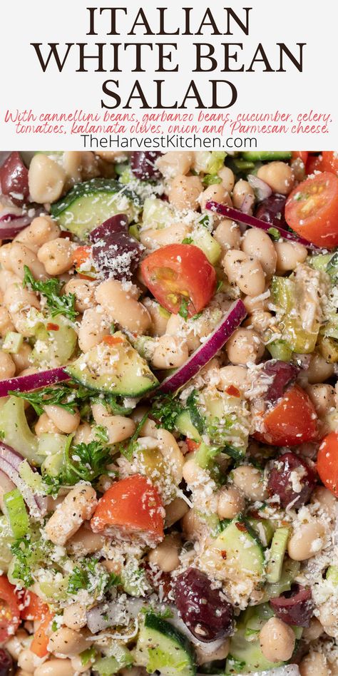 This Italian White Bean Salad recipe is a delicious mix of canned cannellini beans and garbanzo beans, cucumber, tomatoes, onion, celery, kalamata olives, Parmesan cheese and herbs. It’s all tossed in an amazing red wine vinaigrette that makes this salad really delicious. This Tuscan white bean salad is quick and easy to make and it is always a crowd-pleaser! Cucumber Tomato Bean Salad, Quick Bean Salad, Crowd Pleaser Salads, Cannellini Beans Salad, Greek Dense Bean Salad, Summer Bean Salad Recipes, Bean And Pasta Salad, Italian Pot Luck Dishes, Italian Bean Salad