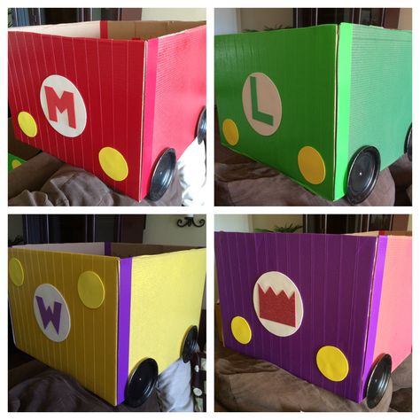 Cardboard Go Kart, Mario Cart Box Car, Cardboard Box Mario Kart, Mario Kart Box Car Diy, Mario Kart Box Car, Mario Kart Cardboard Car Diy, Mario Wagon Costume, Mario Box Car, Diy Mario Cart Wagon