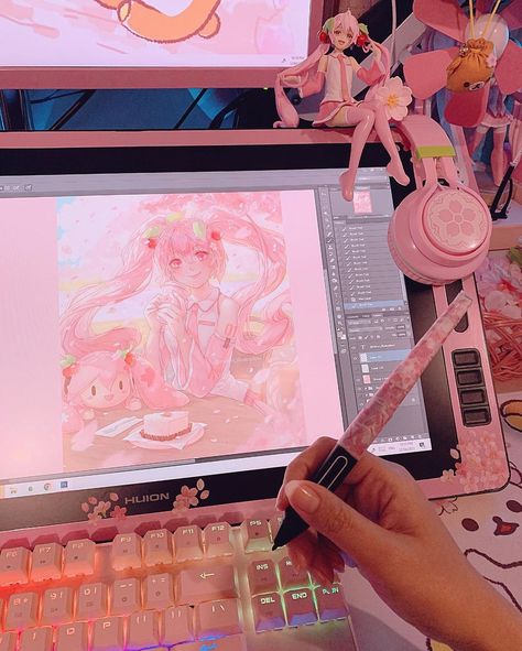 aesthetic digital art drawing tablet for pc kawaii pink pc setup aesthetic pink pen display huion pen tablet digital art drawing tablet drawing display Huion drawing tablet kawaii pink artist setup pink office kawaii pink gaming setup - post from official HUION twitter https://twitter.com/HuionTab/status/1389550396998303745 Pink Gaming Keyboard, Artist Setup, Pc Setup Aesthetic, Pink Pc Setup, Kawaii Miku, Office Kawaii, Pink Gaming Setup, Pc Drawing, Retro Keyboard