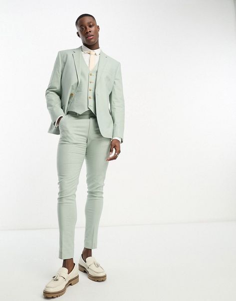 Suits by ASOS DESIGN Do the smart thing Notch lapels Single button fastening Pocket details Slim fit Wedding Guest Suits, Wedding Cabo, Sage Green Tie, Blazer Outfits Men, Suit Shoes, Slim Fit Suits, Wedding Aesthetic, Pastel Wedding, Summer Suits