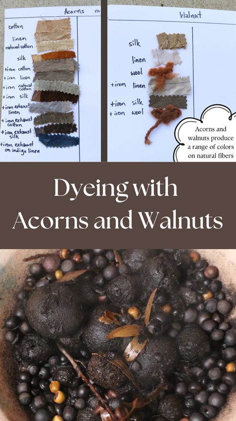 Natural dyeing with acorns and walnuts produces lovely tans and browns. If browns and tans seem boring to you, remember that they can be a great base for overdyeing. I particularly like tan overdyed with indigo. It shifts the primary blue of indigo dye into something darker, and a little more like teal. Browns and tans can also be shifted to grays and blacks with a dip in an iron bath. Read on to learn! Dyeing With Acorns, Acorn Dye, Eco Dyeing Fabric, Creative Arts Therapy, Diy Dye, Natural Dye Fabric, Eco Dyeing, Fabric Dyeing, Natural Dyeing