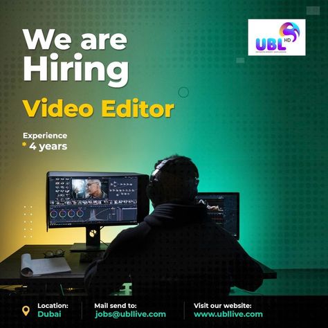 Our Dubai based TV channel is looking for talented and passionate Video editor to our team Experience : 4 Years Contact us at : jobs@ubllive.com www.ubllive.com #mydubaidream #hiring #hiringnow #hiringstaff #hiringimmediately #hiringalerts #videoeditors #editors #uae #uaejobseekers #jobseeker #ublgroup #ublhd #ubl #ubldigitalworld #hiringnow #hiringprofesstionals #ublgroup Hiring Video Editor, Hiring Poster, Job Poster, Graphic Design Ads, Gaming Tips, Food Poster Design, Job Resume, Hiring Now, We Are Hiring