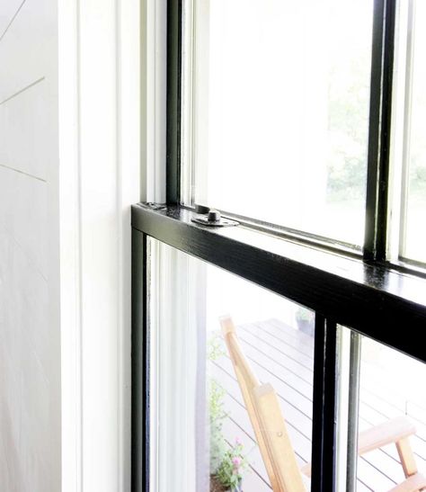 How to Paint Windows Black: No Taping Required - Plank and Pillow Paint Black Window Trim, How To Paint White Windows Black, How To Paint Interior Windows Black, Painting White Windows Black, Paint Interior Windows Black, Painting Interior Windows, Black Painted Window Trim, How To Paint Window Frames, Paint Window Frames Black