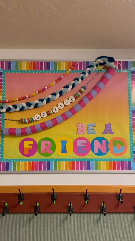 Playroom Bulletin Board Ideas, How To Make A Friend Bulletin Board, Be A Friend Bulletin Board, Field Day Bulletin Board Ideas, Paper Chain Bulletin Board, Shoe Bulletin Board Ideas, Bulletin Board Ideas For Hallway, Friend Bulletin Board Ideas, Eras Bulletin Board Ideas