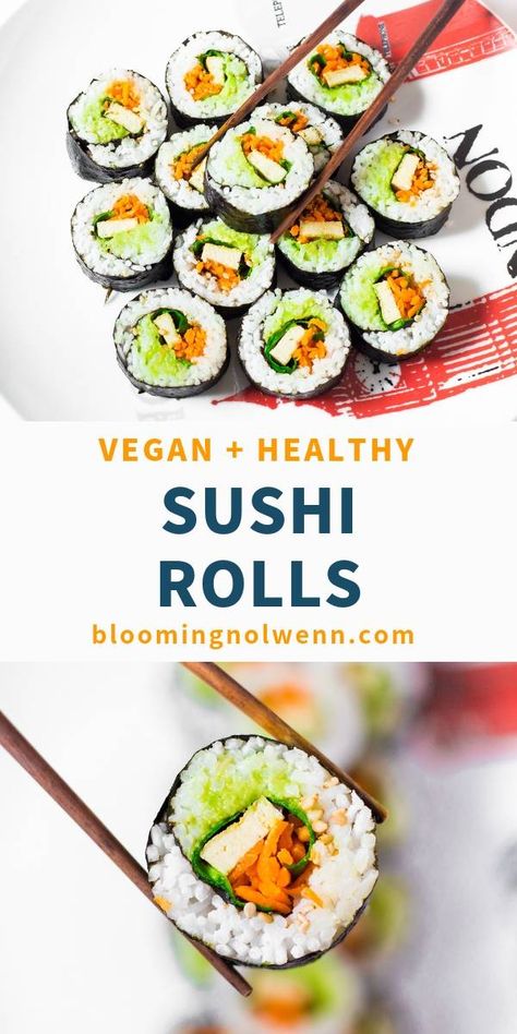 Easy Vegan Sushi Rolls | Gluten-Free Dinner Sushi, Vegan Sushi Rolls, Veggie Rolls, Quick Easy Vegan, Vegan Ramen, Vegan Sushi, Homemade Sushi, Sushi Recipes, Lunch Recipes Healthy