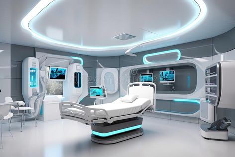 High-tech hospital room with futuristic furnishings and advanced medical equipment royalty free stock images Futuristic Medical Room, Futuristic Hospital Design, Research Room Design, High Tech Hospital, Futuristic Control Panel, Future Room Technology, Futuristic Medical Technology, Futuristic Hospital Room, Hospital Equipment Medical