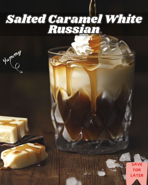 Try the Salted Caramel White Russian, a rich blend of vodka, coffee liqueur, cream, and salted caramel for a sweet and salty indulgence. Carmel Vodka, Salted Caramel White Russian, Caramel White Russian, Caramel Cocktail, White Russian Recipe, Salted Caramel Vodka, White Russian Recipes, Easy Recipies, Caramel Vodka