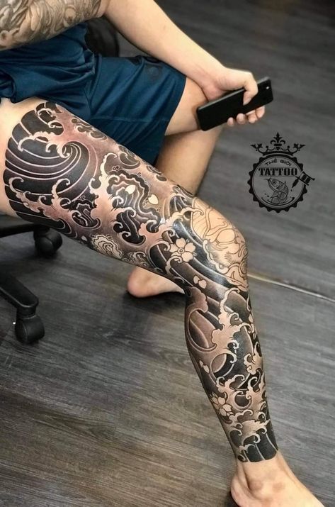 Full Sleeve Leg Tattoo Men, Men’s Japanese Leg Tattoo, Men’s Leg Sleeve Ideas, Full Legs Japanese Tattoo, Tattoo Full Leg Man, Japanese Leg Tattoos For Men, Leg Japanese Tattoo Men, Japanese Style Leg Tattoo, Men Leg Sleeve Tattoo Ideas Japanese