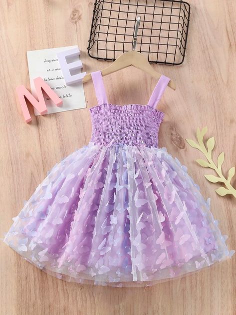 SHEIN Young Girl Shirred Frill Trim Butterfly Appliques Cami Dress | SHEIN Purple Toddler Dress, Light Purple Dress, Cute Formal Dresses, Womens Trendy Dresses, Purple Party, Butterfly Dress, Lilac Purple, Toddler Girl Dresses, Really Cute Outfits