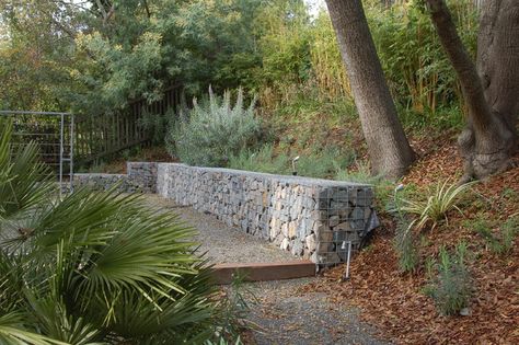 Gabion Walls - What They Are And How To Use Them In Your Landscape Gabion Stone, Gabion Retaining Wall, Retaining Wall Design, Building A Retaining Wall, Walls Ideas, Stone Fence, Gabion Baskets, Gabion Wall, Sloped Backyard