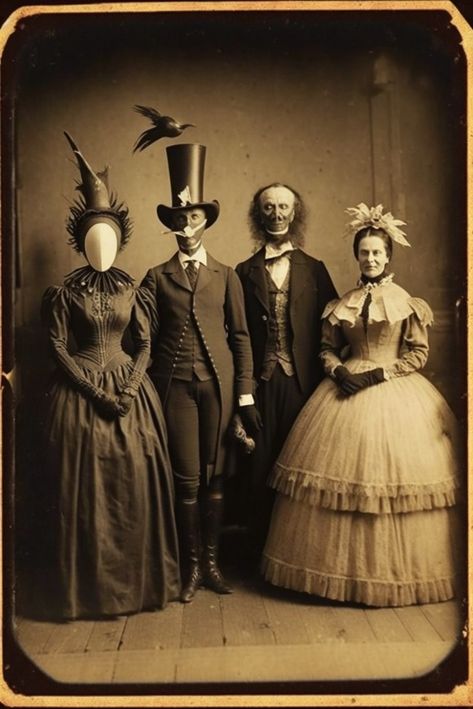 Step back in time with our eerie collection of ambrotype photos featuring people in Halloween costumes from the 1880s. These vintage-style portraits showcase the macabre and creepy side of Halloween, with their haunting imagery and distinctive monochromatic tones. Vintage Halloween Costumes Men, Spooky Portraits Vintage Photos, Creepy Family Portraits, Old Halloween Costumes Vintage Photos, Halloween Vintage Costume, 1800s Halloween, Edwardian Halloween, Haunted Portraits, Victorian Halloween Costume