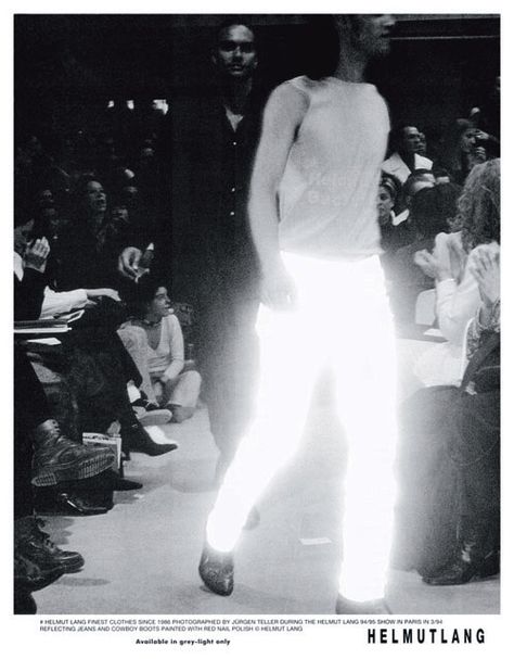 Helmut Lang white reflective jacket — fall 1994. Shop for curated vintage designer clothing and second hand runway garments at Vaniitas. 90s Campaign, Helmut Lang Campaign, Helmut Lang 90s, Reflective Pants, Studio Editorial, Helmut Lang Archive, Jenny Holzer, Juergen Teller, Reflective Jacket