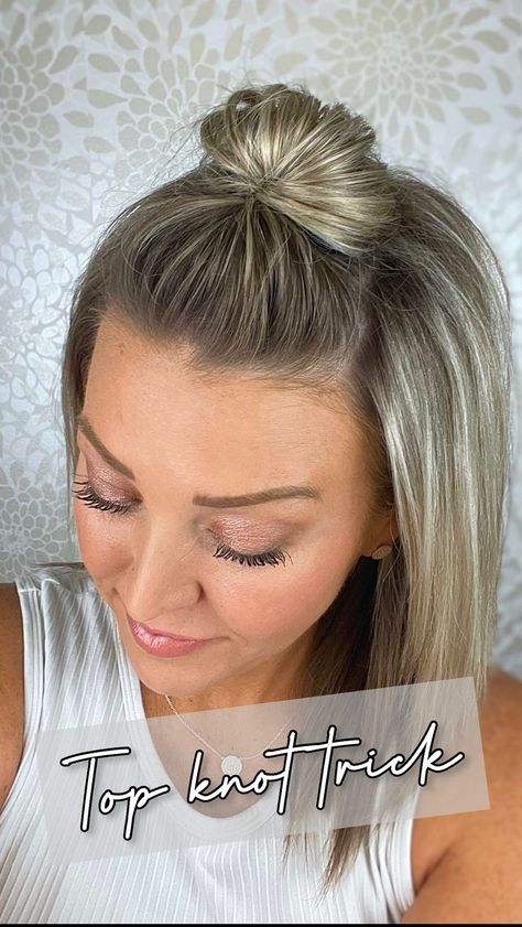 Ashley Erickson | Easy top knot that don’t require elastics?! Yes please 🙌🏻 . . #hair #hairideas #hairtutorial #hairvideos #finehair #finehairstyles… | Instagram Top Knot Claw Clip, Top Knot For Fine Hair, Top Bun Hairstyles Half Up, Short Hair Top Knot Half Up, Half Top Knot Bun How To, Claw Clip Top Knot, Claw Clip Messy Bun For Short Hair, Half Up Half Down Top Knot, Half Up Bun Short Hair