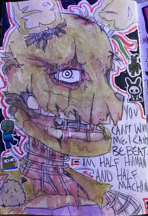 Collage And Drawing Combined, Springtrap Drawings Sketches, Fnaf Drawings Sketches Springtrap, Minecraft Sketchbook, Fnaf Sketchbook Page, Springtrap Sketch, Fnaf Sketchbook, Bitesizedsponge Art, Springtrap Drawing