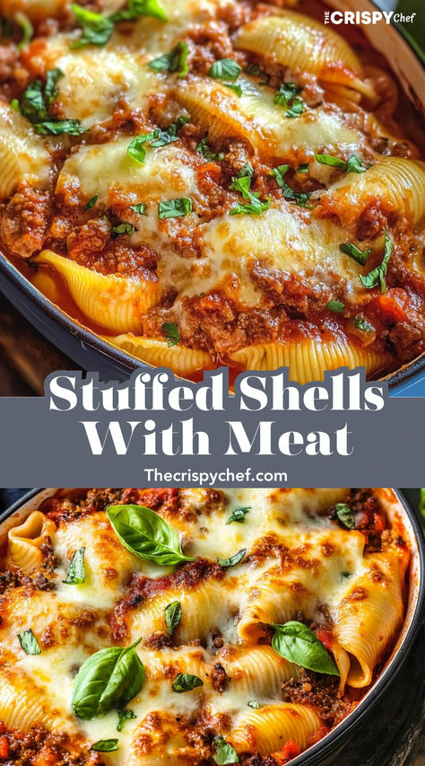 Stuffed Shells with Meat Healthy Stuffed Shells, Stuffed Pasta Shells Recipe, Stuffed Shells With Meat, Stuff Shells, Dinner Ingredients, Jumbo Pasta Shells, Cheese Bake, Pasta Shells, Easy Pasta Dishes