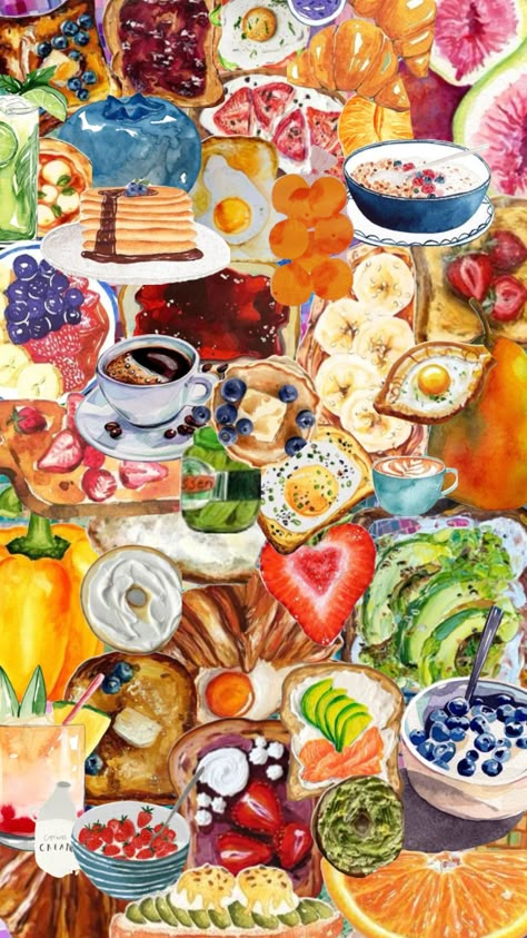 🥞 #foodie #wallpaper #collage #brunch #breakfast #summer wallpaper #colorfulwallpaper #colorful #food #vibrant #vibrantwallpaper Mood Board Food, Summer Acrylic Painting, Summer Home Screen, Blue Macaron, Breakfast Summer, Food Collage, Story Backgrounds, Beachy Aesthetic, Cottagecore Art