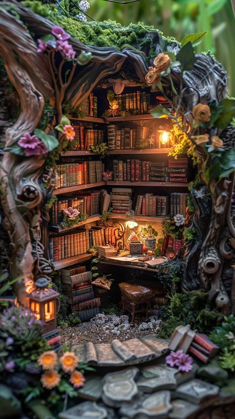 #EnchantedBookNook: An intimate look into a #magical nook, where #books and #nature intertwine in harmonious beauty. #enchantment #books #lanterns #nature #cozy #aiart #aiphoto #stockcake ⬇️ Download and 📝 Prompt 👉 https://stockcake.com/i/enchanted-book-nook_790905_713012 Enchanted Forest Gift Box Ideas, Forest Themed Book Nook, Book Nook Miniature Diy, Book Nook Inspiration, Diy Book Nook Ideas, Diy Book Nook Shelf Insert, Enchanted Bookshelf, Bookcase Nook, Book Nook Ideas Diy