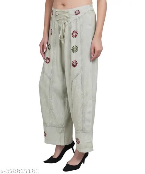 Embroidered Narrow Bottom Palazzo Womens Palazzo Pants, Palazzo Jeans, Rayon Kurtis, Dress Materials Cotton, Chanderi Suits, Trousers For Women, Aari Embroidery, Satin Saree, Sweater Jumpsuit