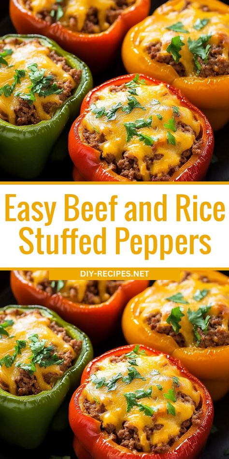 Try these easy beef and rice stuffed peppers for a hearty meal! Ground beef, rice, and veggies are stuffed into bell peppers and baked with melted cheddar cheese on top. Ground Beef Stuffed Peppers Healthy, Stuffed Pepper Dinner Ideas, Stuffed Bell Peppers With Zucchini, Ground Beef And Rice Stuffed Peppers, Stuffed Bell Peppers Quinoa Beef, Stuffed Bell Peppers Stouffers Copycat, Simple Stuffed Bell Peppers, Microwave Stuffed Bell Peppers, Easy Stuffed Peppers Beef