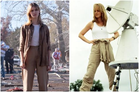 How 2024 'Twisters' Pays Homage to the 1996 'Twister' Movie Twister Movie Costume, Kate Carter Twisters Outfits, Twisters Halloween Costume, Kate Cooper Twisters, Twisters Outfit, Twister Halloween Costume, Kate Twisters, Twisters Movie 2024, Twister Halloween