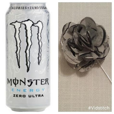 Flower Lapel made from upcycled Monster Zero Ultra Energy drink can Monster Can Flower, Monster Can Crafts, Monster Zero, Monster Diy, Monster Drink, Pjo Dr, Drink Art, Monster Crafts, Monster Energy Drink