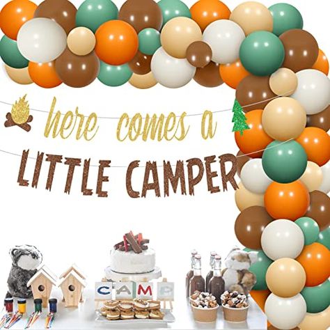 Camping Theme Baby Shower, Orange Balloon Arch, Sage Green And Orange, Camping Baby Shower Theme, Orange Balloons, Glitter Banner, Baby Shower Decorations For Boys, Kids Gift Guide, Camping Theme