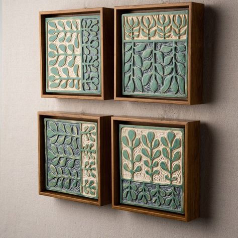 Ceramic Wall Sculpture one Choose From Four Handmade Tiles Framed, Ceramic Wall Sculpture READY to SHIP Muted Mod Sprout - Etsy Framed Ceramic Tile Wall Art, Ceramic Murals Wall Sculptures, Wood And Ceramic Art, Ceramic Wall Hangings, Simple Wall Decor Ideas, Wall Frames Ideas, Wall Pottery, Ceramic Wall Decoration, Ceramic Wall Art Sculpture