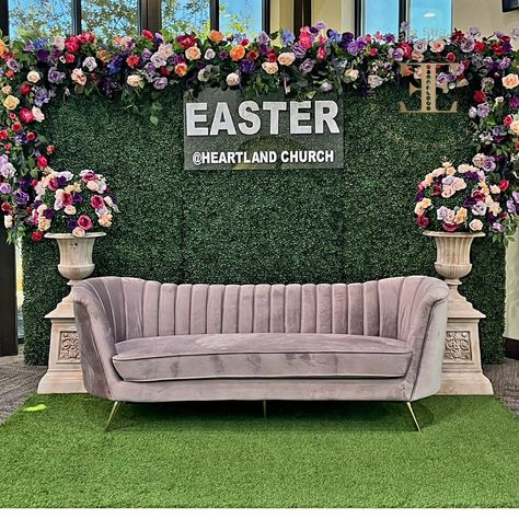 Celebrate the miracle of Easter with the perfect photo opportunity! Extravaganza helped @theheartlandchurch design a stunning Easter display featuring a giant 12-foot grass wall overflowing with beautiful spring flowers. This Instagram-worthy spot is the ideal place to capture your Easter selfies. Be sure to tag us and @shagcarpetprops Props for the couch and pedestals that complete the scene! Hashtags: #EasterVibes #HeartlandChurch #GrassWall #SpringFlowers #DFW Beautiful Spring Flowers, Easter Display, Photo Opportunity, Grass Wall, Marquee Letters, Instagram Worthy, The Scene, Custom Build, Spring Flowers