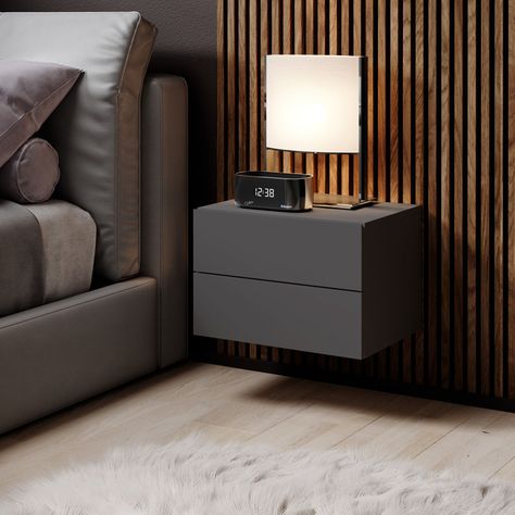 The bedside table meets both functional and visual requirements. Visually, the compact bedside table impresses above all with its straightforward shape and minimalist design, which allows it to be placed in any bedroom interior. This bedside table not only looks great. Two spacious drawers offer plenty of storage space for all bedroom items. The drawers can be opened using practical handles. With the included fittings for wall mounting, the bedside table can be easily attached to the wall. Colou Night Tables Bedroom, Hotel Interior Bedroom, Bed Side Table Design, Wall Mounted Bedside Table, Minimalist Bedside Table, Boxspring Bed, Floating Bedside Table, Bed Interior, Living Tv