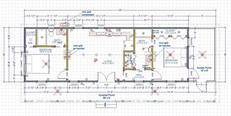 cottage cabin 16x48 2bdr Ledbetter by KangaRoom. Room for both kitchen table AND Hoosier. Smaller lvg room than some, but that might be ok.. 768 sq ft, 2bd/2ba 16 X 48 Floor Plans Layout, 16x40 Cabin Floor Plans, 16x40 Shed House Plans, 16x40 Shed House, 16 X 40 Floor Plans Layout, Cottages Modern, Bunkhouse Ideas, Modern Sheds, Tiny Interior