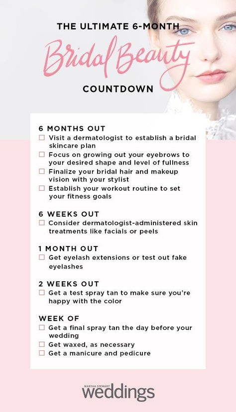 When you know all eyes will be on you, there's pressure to achieve flawless bridal beauty. Luckily, we have the perfect bridal skin care routine checklist for you. With these expert tips, you'll definitely be looking your best when you say "I do." #Wedding #Beauty #Skincare #Flawless #Routine #Bride #Beautiful #Skin | Martha Stewart Weddings - 6 Month Bridal Beauty Countdown Bride Skincare Routine, Bridal Care Routine, Skin Care Before Wedding, Bride Skin Care Routine, Wedding Skin Care Routine, Growing Out Eyebrows, Bridal Skin Care Routine, Bridal Skincare, Bridal Care