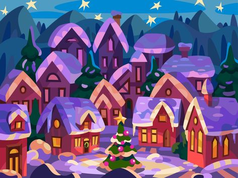 Christmas House Drawing, Christmas Village Illustration, Christmas Cave, Village Illustration, Cozy Village, Village Drawing, Christmas Tree Village, Sticker Note, Christmas Landscape