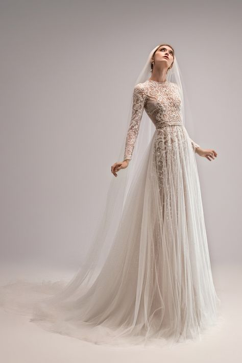 Luxury Ethereal Dress With Sheer Sleeves, Luxury Romantic Gown With Sheer Sleeves, Luxury Long Sleeve Lace Gown, Couture Long Sleeve Wedding Gown, Ellie Saab Wedding Dresses, Luxury Long Sleeve Lace Dress With Delicate Detail, Russian Wedding Dress, Muslimah Wedding, Muslimah Wedding Dress