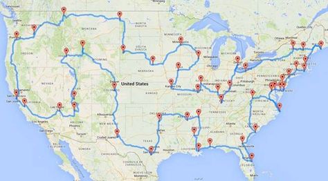 This 13,699-mile journey makes stops at 50 U.S. landmarks — but you'll need some serious time off to complete it. Road Trip Map, Usa Roadtrip, Road Trip Routes, Cross Country Road Trip, Perfect Road Trip, Us Road Trip, Van Living, American Road Trip, Camper Life