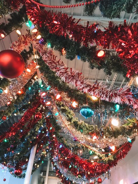 christmas decorations, festive, holidays, tinsel Christmas Decor Ideas Tinsel, Tinsel Hanging From Ceiling, Tinsel Wall Decor, Christmas Tinsel Decoration, Tinsel Garland Decor, Diy Tinsel Garland, Tinsel Town Christmas Decor, Gaudy Christmas Decorations, Tinsel Christmas Decorations