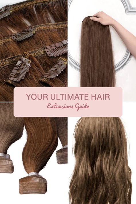 This Pinterest pin showcases a vibrant hair extensions guide with key tips and insights for choosing and maintaining the right hair extensions, featuring 4 informative images to ignite your style transformation. How To Curl Hair With Extensions, Hairstyles With Clip In Extensions, Extension Hairstyles, Hair Extension Tips And Tricks, Sew In Extensions, Beaded Hair Extensions, Halo Extensions, Fusion Hair Extensions, Types Of Hair Extensions