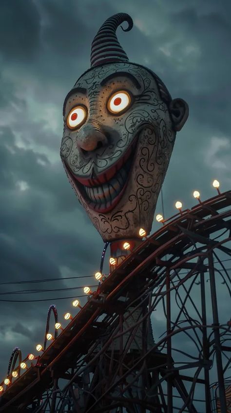 The image is a creepy clown head with red eyes. It is made of metal and has a toothy grin ->> more details in ai-img-gen.com Creepy Clown Wallpaper, Haunted House Carnival, Creepy Circus Art, Circus Environment, Scary Circus Theme Party, Victorian Horror, Dark Cloudy Sky, Twisted Circus, Scary Circus