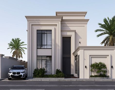 Small Neoclassical House Exterior, New Classic Elevation Villa, New Classical Architecture Facades, Classic House Facade, New Classic Villa Exterior Design, Neo Classic Villa Exterior, Modern Classic House Design Exterior, Classical Architecture Exterior, New Classic Exterior