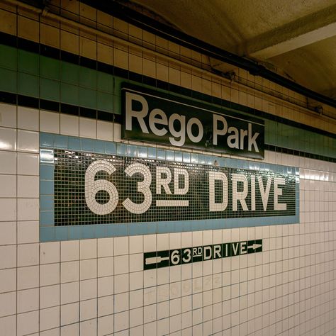 63rd Drive - Rego Park subway station sign in Queens, New York Rego Park, Rail Transport, Subway Station, Queens New York, Hotel Motel, White Car, Posters Framed, City Car, Image House