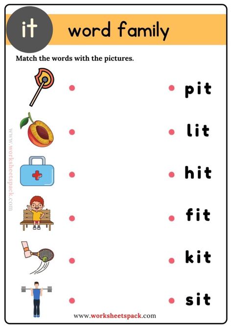 Free It Word Family Matching Worksheets for Kids - Printable and Online Worksheets Pack Cvc It Word Family, Word Family It Worksheets, It Word Family Worksheet, It Words Worksheets, E Family Words Worksheets, Two Letters Words Worksheets, It Family Words Worksheets, It Family Words, Family Words Worksheets For Kids