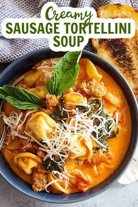 This Creamy Sausage and Tortellini Soup is the perfect comforting weeknight meal! It’s made in less than 30 minutes, full of flavor, and makes great leftovers! #30minutemeal #soup Creamy Tortellini Soup, Modern Recipes, Sausage Tortellini Soup, Sausage Tortellini, Healthy Recipes Clean, Nice Recipes, Diner Recipes, Healthy Recipes On A Budget, Modern Food